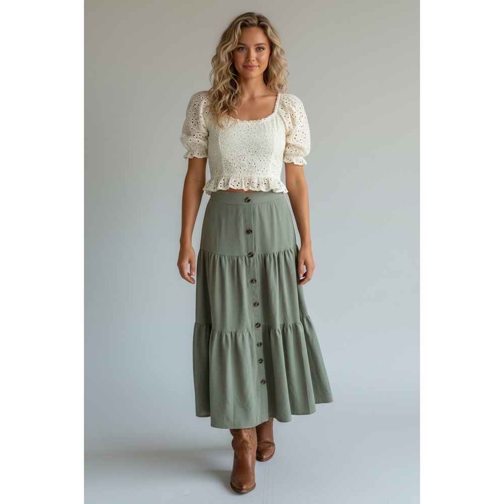Greathe Sage Green Medium Tiered‎ Button Front Maxi Skirt Boho Cottagecore